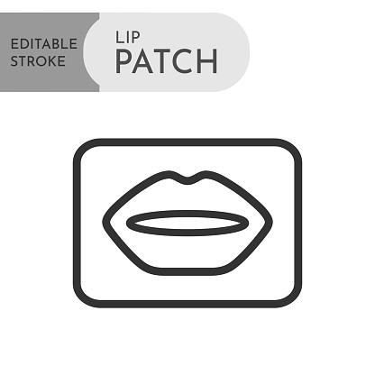 Gel patch for lips pictogram. Editable stroke. Skin care and beauty product sign logo. Facial spa treatment, collagen anti aging lifting product for cosmetic procedures. Line art. Vector illustration