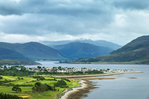 View of Loch Broom and the town of Ullapool, Highlands, Scotland, UK