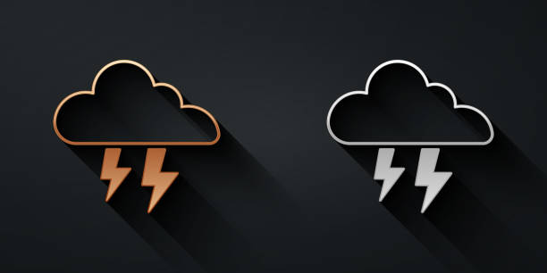 istock Gold and silver Storm icon isolated on black background. Cloud and lightning sign. Weather icon of storm. Long shadow style. Vector 1481897876
