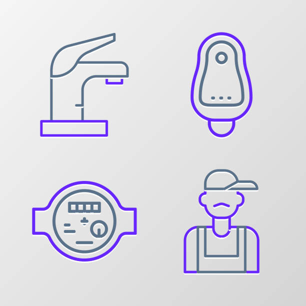 Set line Plumber, Water meter, Toilet urinal or pissoir and tap icon. Vector Set line Plumber Water meter Toilet urinal or pissoir and tap icon. Vector. flushing valve public restroom toilet stock illustrations