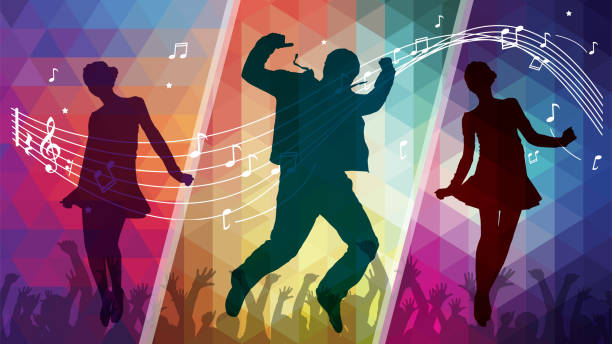 Jumping and dancing teenagers on colourful mosaic backgrounds vector art illustration