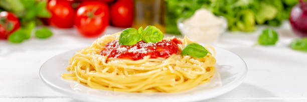 Spaghetti meal from Italy pasta lunch with tomato sauce panorama stock photo