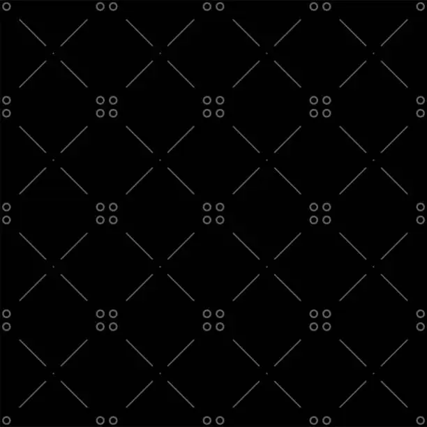 Vector illustration of Vector illustration. Geometric seamless pattern. The solid dots and linear circles in the rows form a rhombus shape. Spotted grey, black and white background. Simple monochrome abstract pattern.