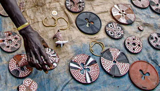 Ceramic Lip Plates and bracelets for sale to tourists in the Mursi tribe village, Omo Valley, Ethiopia