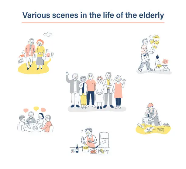 Vector illustration of Set of various life scenes of senior generation