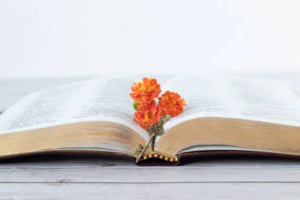 Photo of Open holy bible book, orange flower, and ancient golden key on wooden table with white background, a close-up