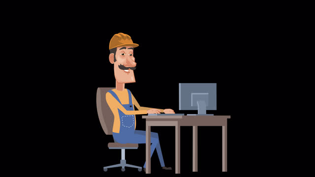 Cartoon foreman worker in helmet character working with computer at workplace animation with alpha channel