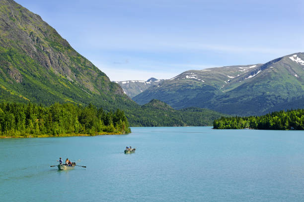 Fishermen on Lake Kenai, Alaska, USA - boats with fishermen on the lake