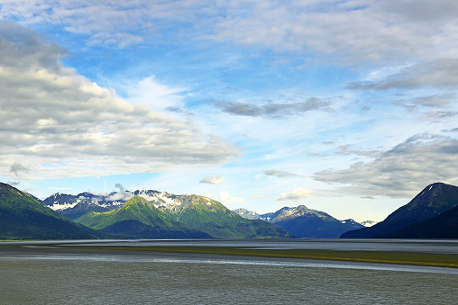 Turnagain Arm near Anchorage is a waterway into the northwestern part of the Gulf of Alaska. It is one of two narrow branches at the north end of Cook Inlet. Alaska, USA