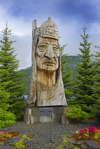 Statue by artist Peter Toth stands on the street of the city of Valdez as part of his Trail of Whispering Giants sculpture series, Alaska, USA