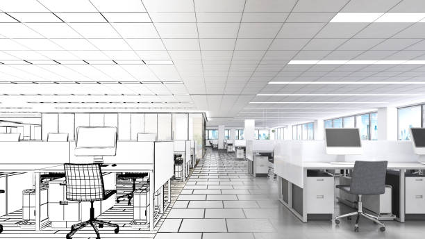 istock office space For working with computers, office equipment,a combination of line drawings and color.,3d rendering 1481919946