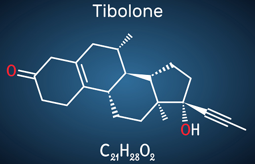 Tibolone molecule. It is anabolic steroid hormone drug, synthetic estrogen, used for treatment of symptoms of menopause, osteoporosis. Structural chemical formula on the dark blue background. Vector illustration
