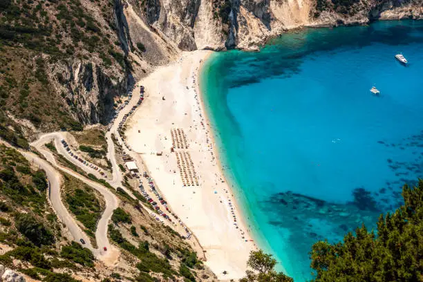 View from above on famous Myrtos beach in Kefalonia island. In the top five beaches in Greece.