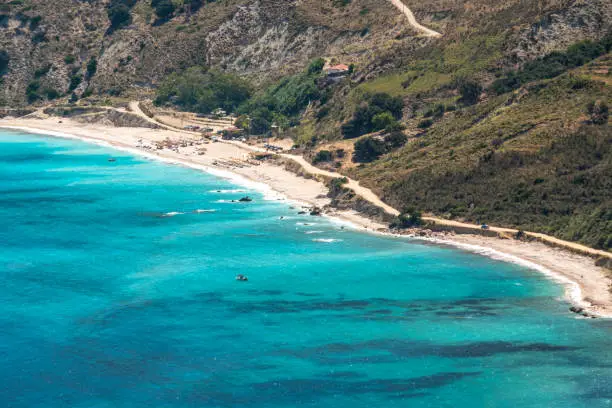 View from above on famous Myrtos beach in Kefalonia island. In the top five beaches in Greece.