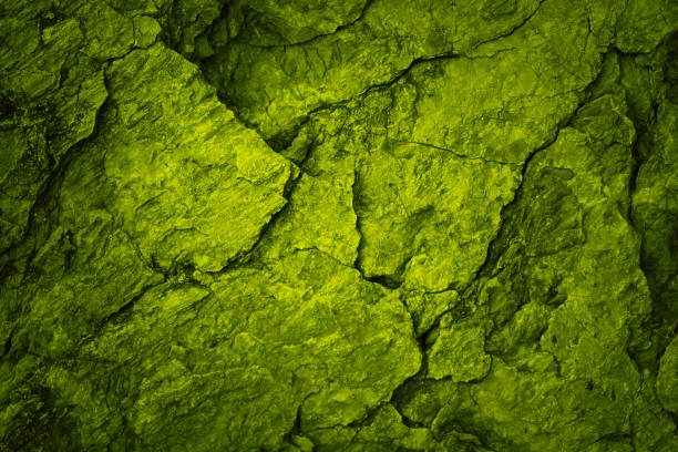 Green yellow lime lemon rough texture background. Toned cracked stone rock surface. Bright. Close-up. Crushed, crumbled, broken, collapsed.