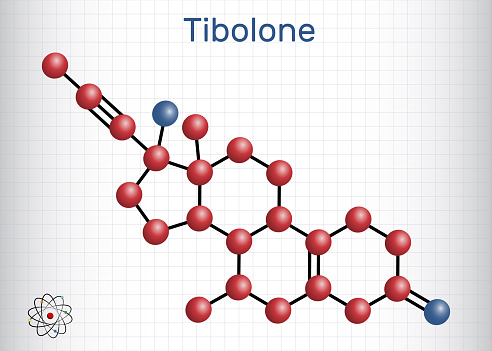 Tibolone molecule. It is anabolic steroid hormone drug, synthetic estrogen, used for treatment of symptoms of menopause, osteoporosis. Molecule model. Sheet of paper in a cage. Vector illustration