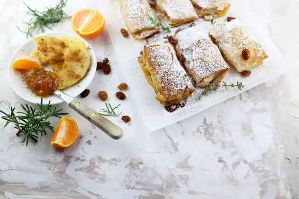 Photo of Homemade single portion apple strudel.