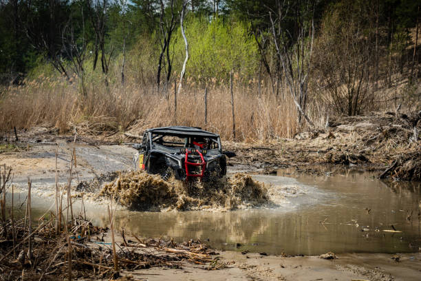 istock Fast ATV and UTV driving in mud and water. Quad racing, ATV 4x4. 1481925322