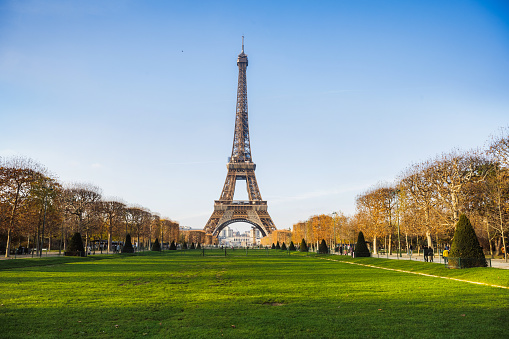 wide view on eiffel tower at sunny day