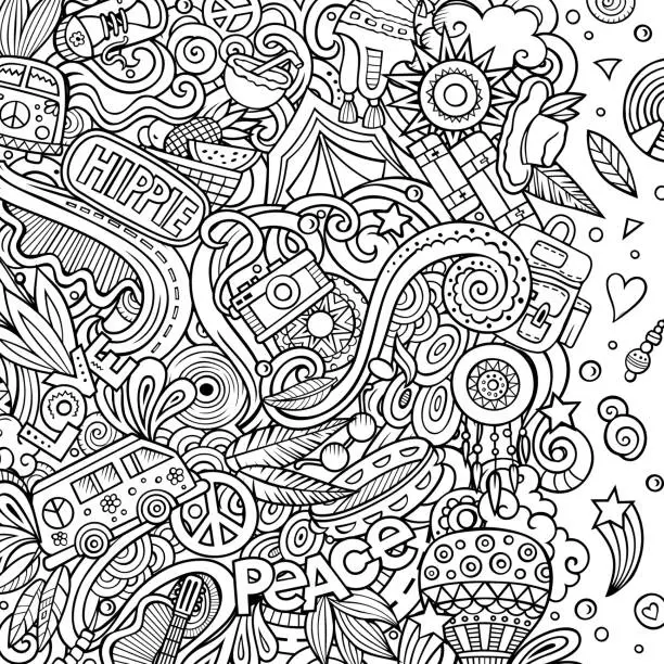 Vector illustration of Hippie hand drawn vector doodles illustration. Hippy frame card design.