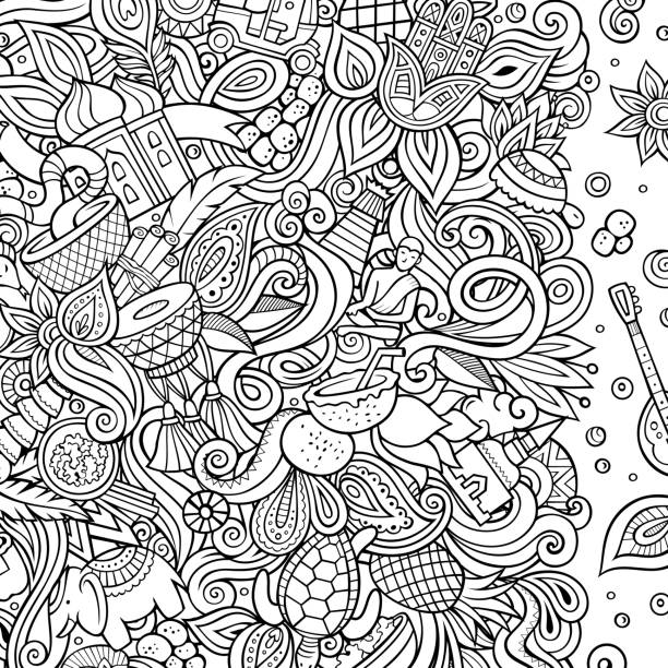India hand drawn vector doodles illustration. Indian frame card design. India hand drawn vector doodles illustration. Indian frame card design. Funny elements and objects cartoon background. Sketchy border. All items are separated ganesha outline drawing stock illustrations