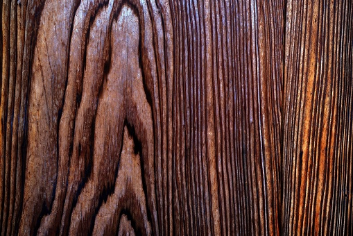 notches, hacks and holes in the old rough surface of wood from the bark of a tree for a rural background