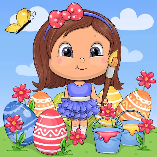 Vector illustration of A cute cartoon girl in a blue dress and a headband with a red bow is holding a big brush.