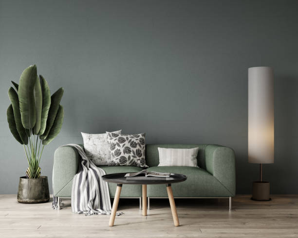 istock Modern interior with sofa and empty green wall background. Home living room design. 1481927350