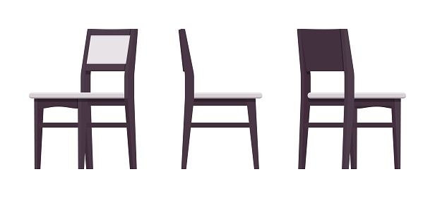 Dining side chairs, natural wood black set. Kitchen space bistro room, classic design. Vector flat style cartoon home, office furniture articles isolated on white background front, side, rear view