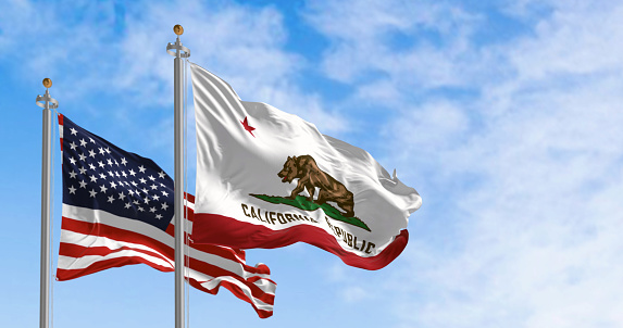 The California Republic state flag waving along with the national flag of the United States of America on a clear day. 3D illustration render. Rippled textile