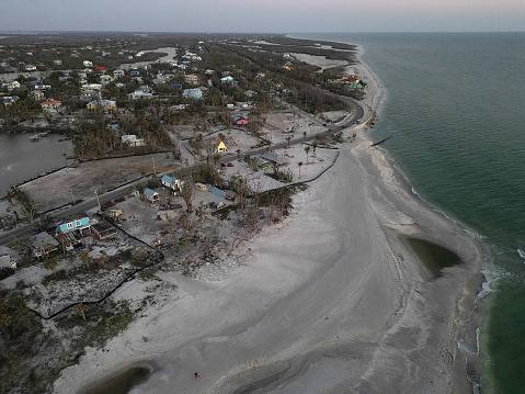 An Aerial Photograph of the Damage Left Behind from Hurricane Ian at Blind Pass Beach Sanibel Island, Florida
