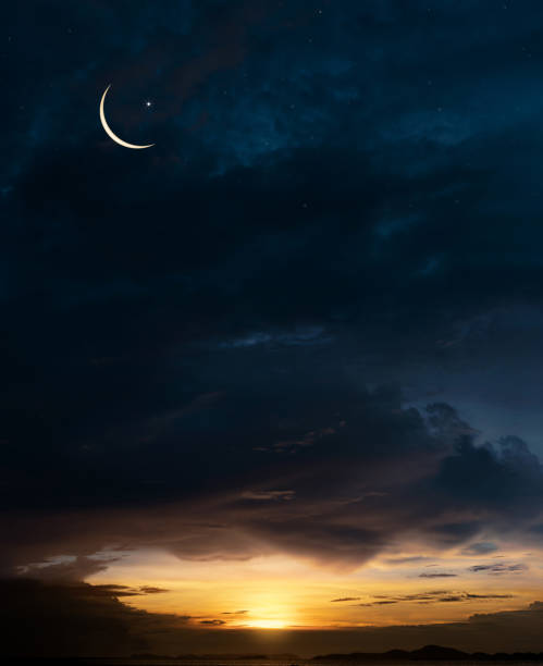 istock Islamic card with Crescent moon,Star on Sunset Sky,Horizon Nutural Ramadan Sky for religions symbolic of Muslim culture for Generous Ramadan,New Moon,Prayer time.Eid Mubarak,Eid al Adha,Eid al Fitr 1481934092