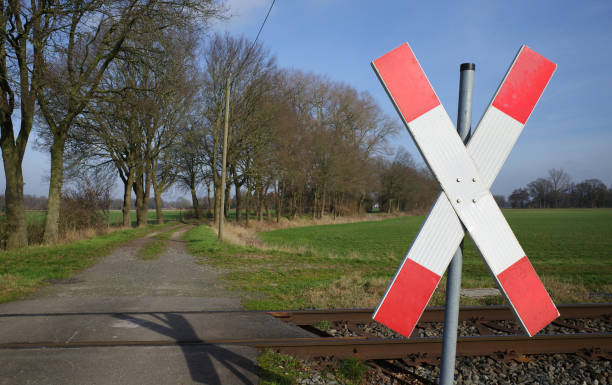 A rural road crosses a railway. An unguarded crossing in Germany
