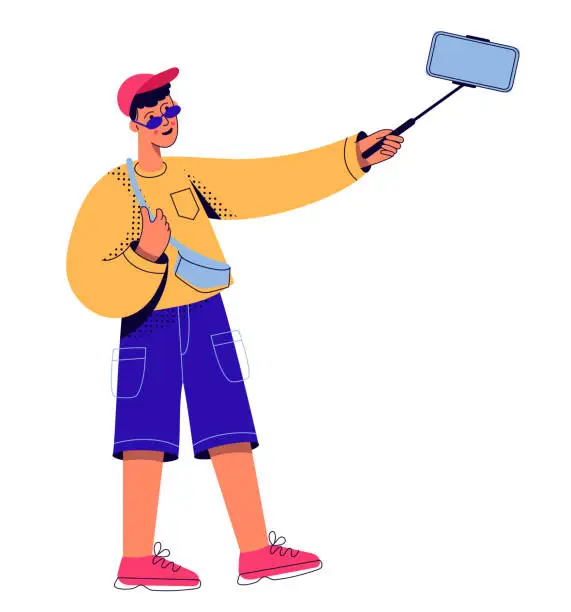 Vector illustration of Young man tourist doing foto use selfie stick. Man traveling. Vector illustration