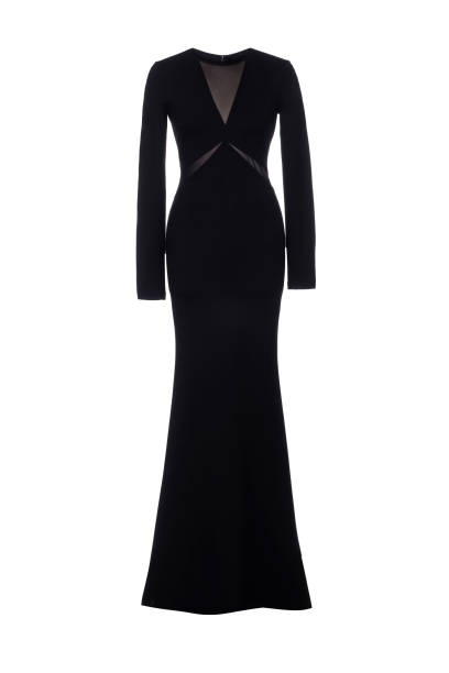 istock Black long evening dress on white background 1481938534