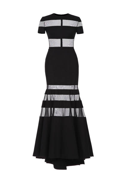 istock Black long evening dress on white background 1481938544