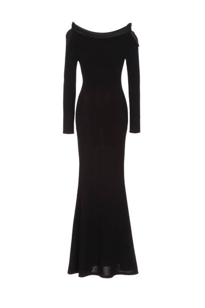 istock Black long evening dress on white background 1481938546