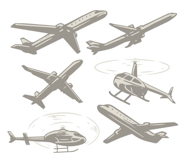 monochromatyczny zestaw naklejek do transportu lotniczego - helicopter air vehicle business cargo container stock illustrations