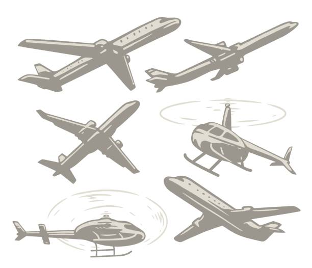 ilustrações, clipart, desenhos animados e ícones de adesivos de conjunto monocromático de transporte aéreo - helicopter air vehicle business cargo container