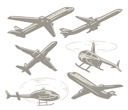 Air transportation monochrome set stickers with airplanes and helicopters for transporting cargo and passengers across sky vector illustration