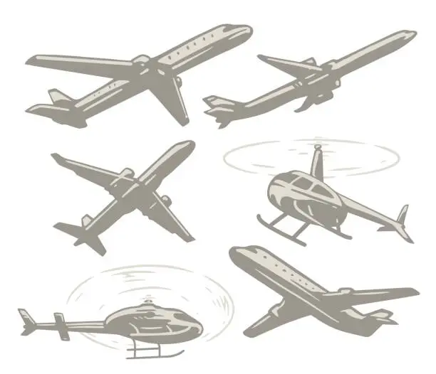 Vector illustration of Air transportation monochrome set stickers