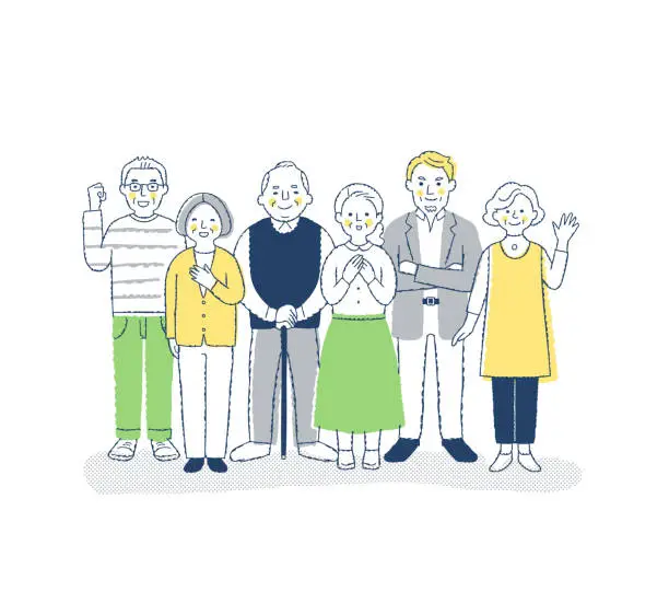 Vector illustration of 6 men and women of the senior generation with a smile, whole body