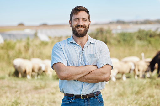 Man, portrait or arms crossed on livestock agriculture, sustainability environment or nature land in ideas, vision or hope. Smile, happy or confident farmer and animals growth or sheep life insurance
