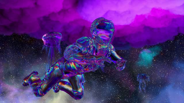 Diamond astronaut floats in outer space. Blue purple neon color. Diamond jellyfish. Stars in the background. Clouds