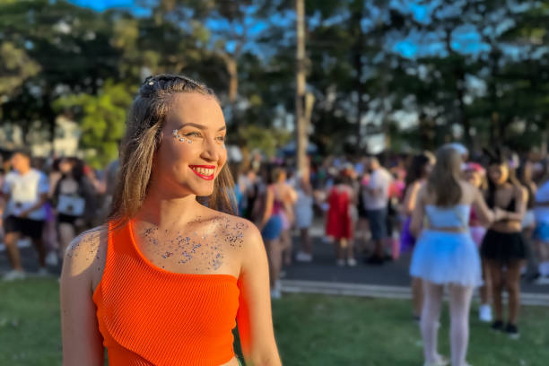 June, 2024. Helsinki, Finland. Helsinki Samba Carnaval which is celebrated every June.  A young woman with a colorful dress.
