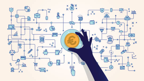 goldene währungsmünze der europäischen union mit verbundenem netz von finanzsymbolen - currency euro symbol european union currency calculator stock-grafiken, -clipart, -cartoons und -symbole