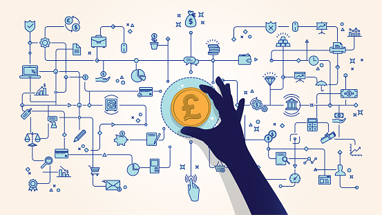 A hand is placing a golden British pound coin in a circle which connects to a web of financial icons. All design elements are on different layers.