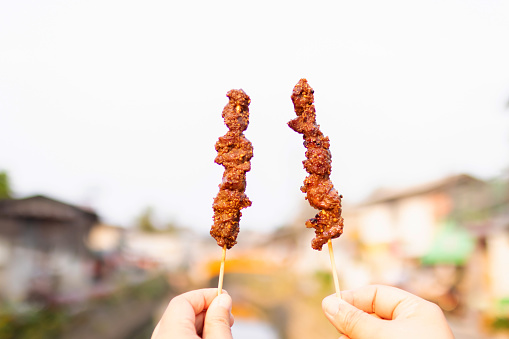 Woman hand holding grilled skewers of beef, ready to eat. Thai street food market.