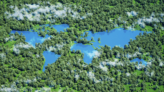 Conceptual image of a lush forest with an aerial view of a lake shaped like the world map. \nIt symbolizes the interconnectedness of nature and the global ecosystem, emphasizing the importance of conservation and our responsibility to protect our planet's resources.