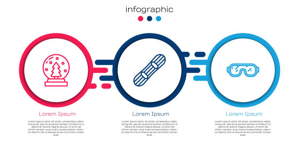 illustrazioni stock, clip art, cartoni animati e icone di tendenza di set line globo di neve natalizio, maschere da snowboard e da sci. modello di infografica aziendale. vettore - 3500